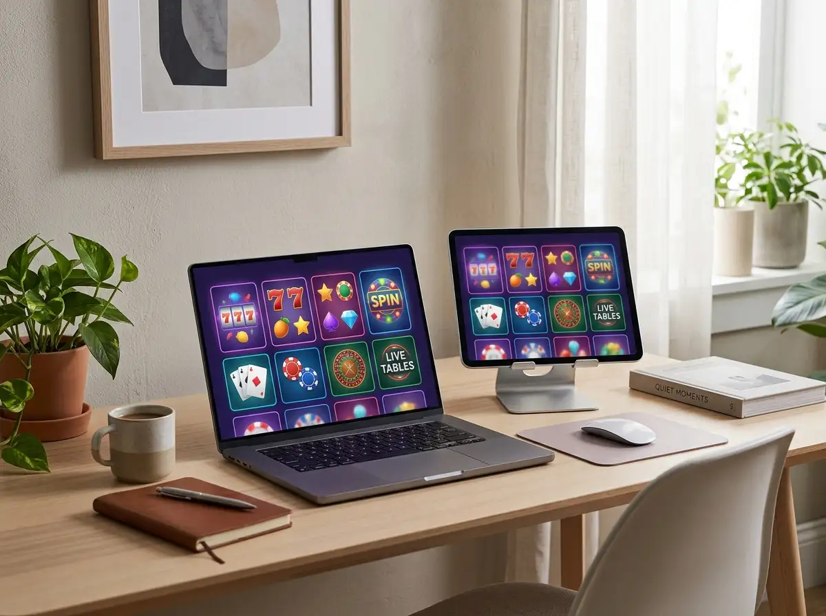 Laptop and tablet showing abstract casino game tiles beside a neutral desk setup