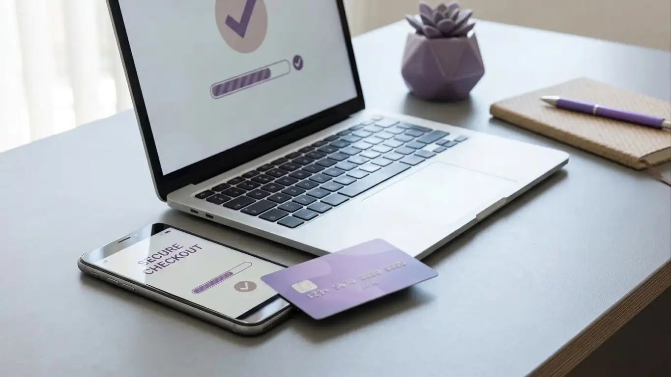 Bank card, phone and laptop arranged for a euro online payment workflow